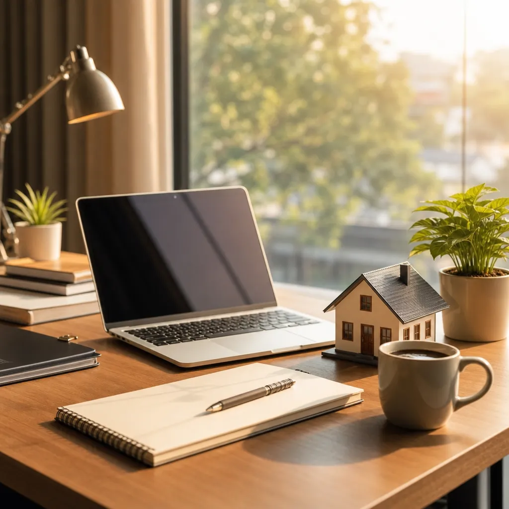 An agent's desk — notebook, keys, and a warm afternoon light