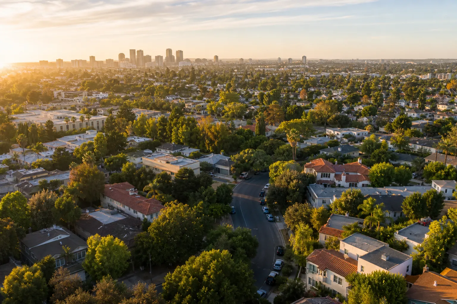 A sunny neighborhood from above — the city your client is arriving in
