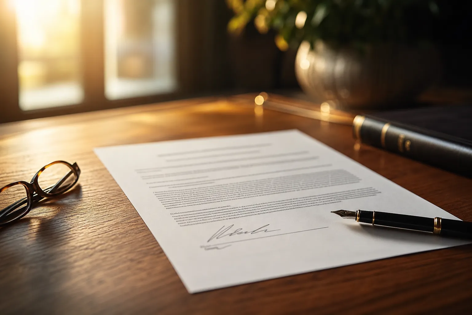 A signed agreement resting on a warm wooden desk beside a fountain pen
