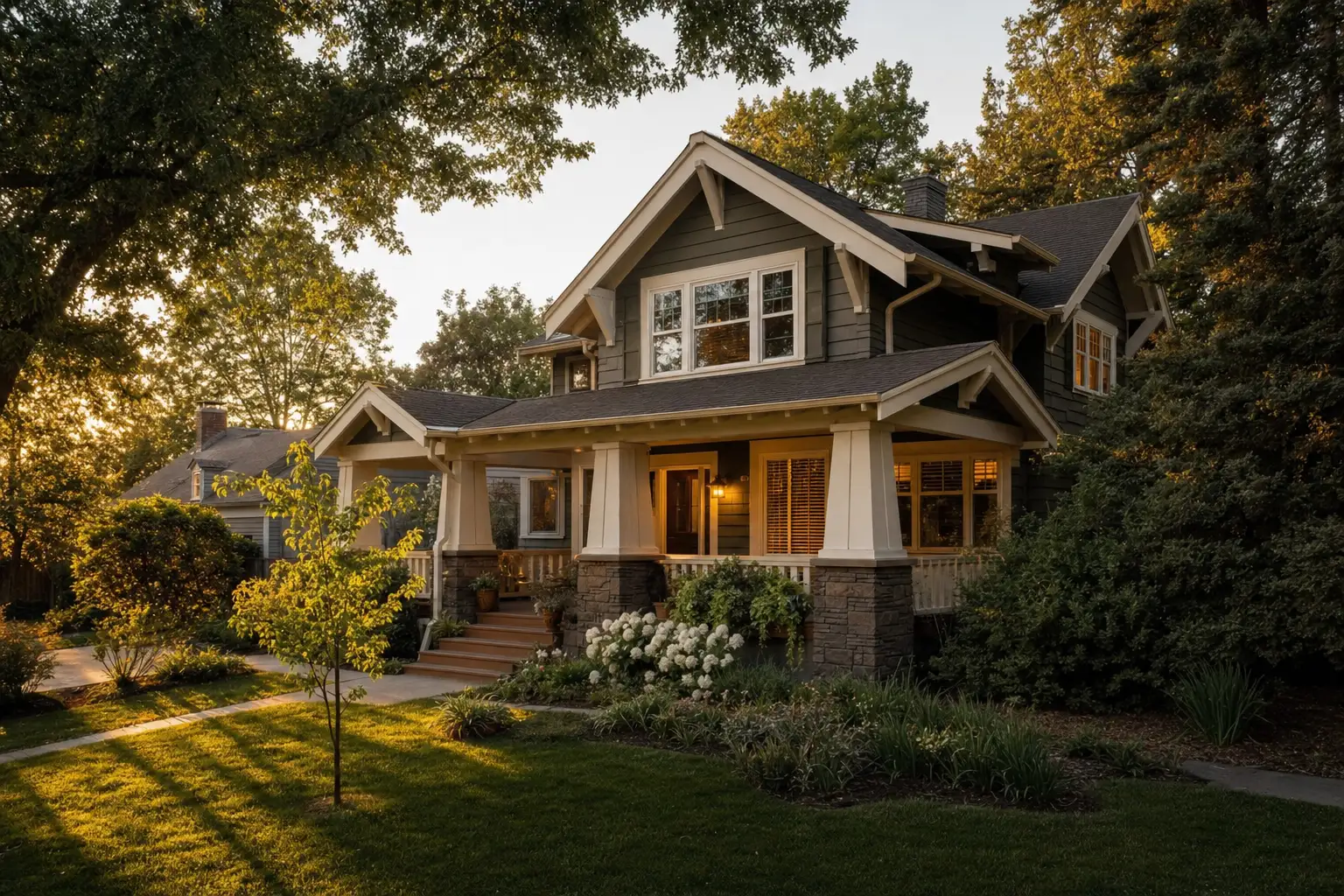 A craftsman home on a tree-lined street at golden hour — the kind of place your client is moving to
