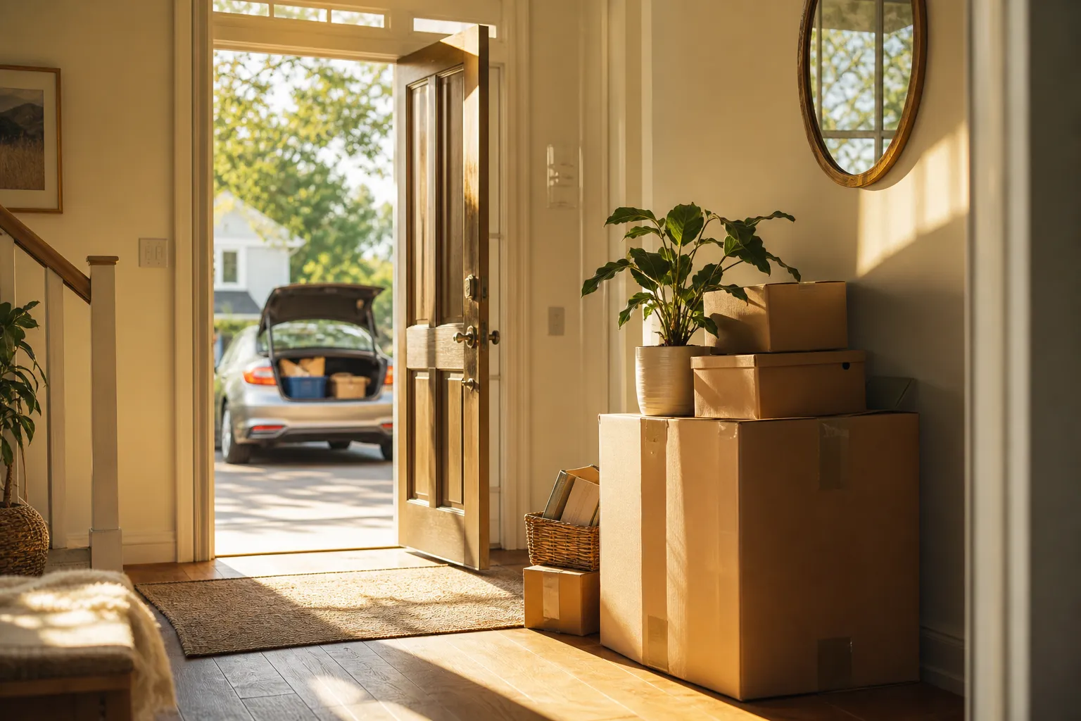 Moving boxes stacked by a bright front door — a client's next chapter beginning
