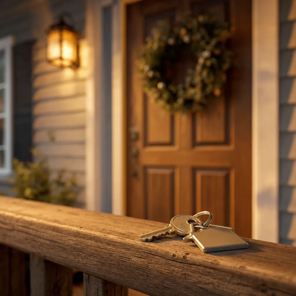 House keys resting on a porch railing in warm evening light