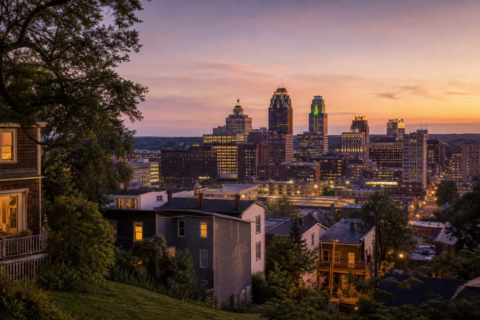 A city skyline at dusk — the market a relocating client is arriving in