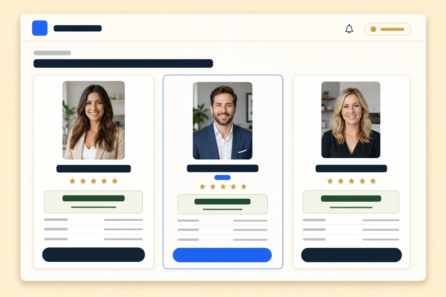 Illustration of three agent profiles compared side by side with ratings and fee badges