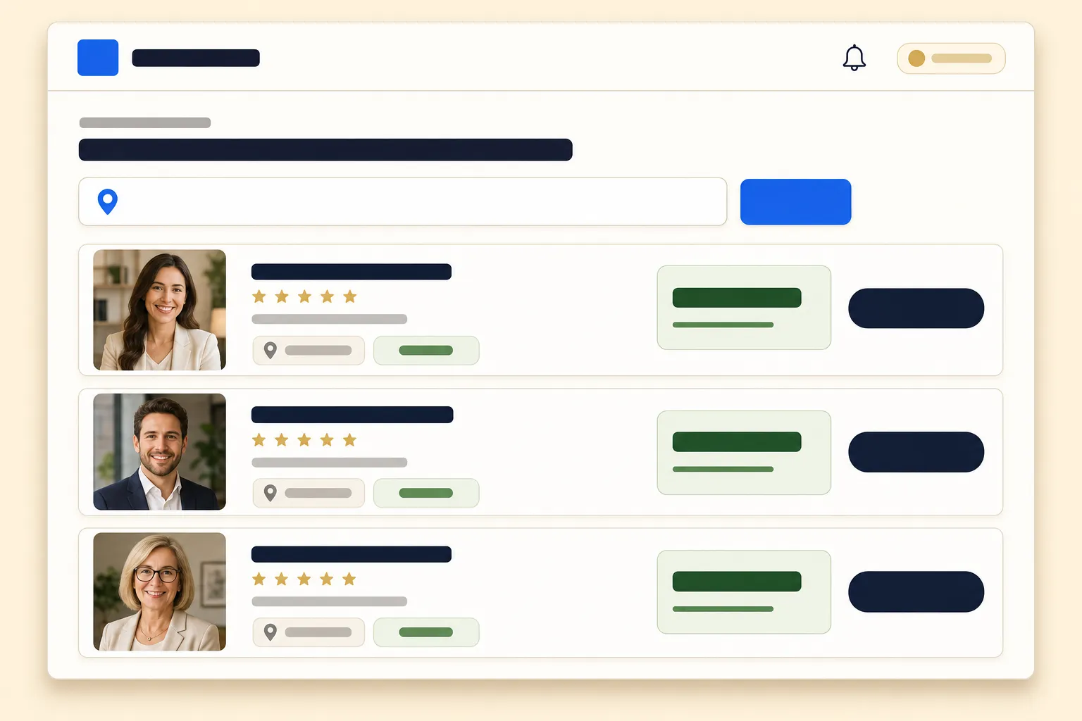 Illustration of ReferBridge search — a destination search with agent result cards and fee badges