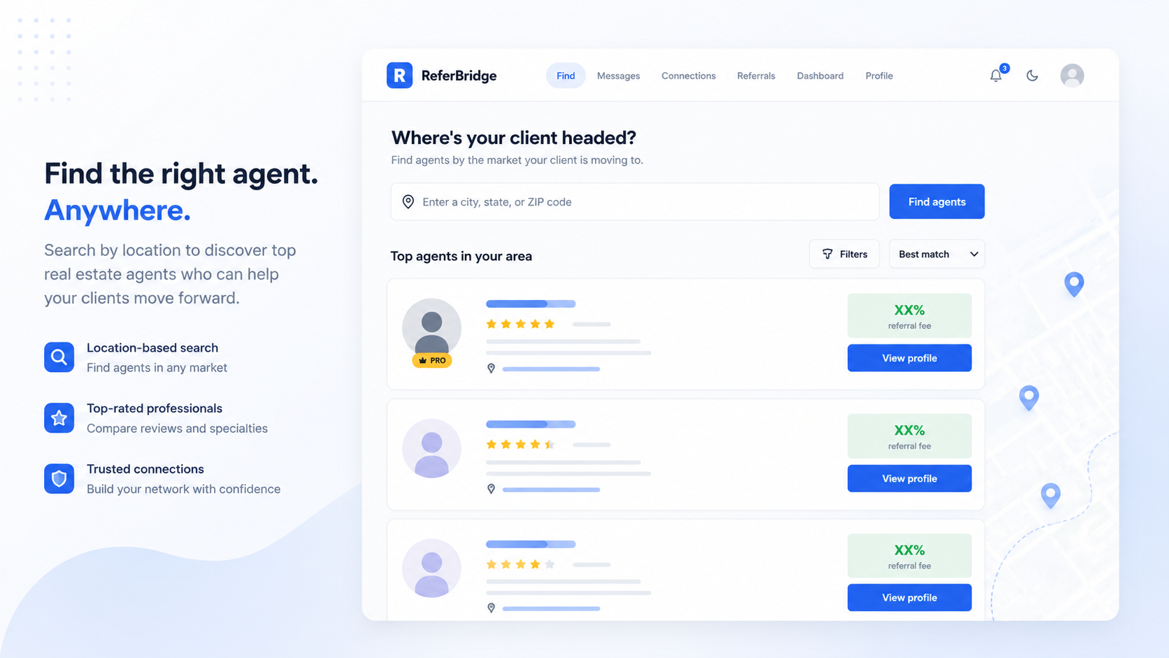 ReferBridge destination search results showing agents with their home city, fee %, and specialties